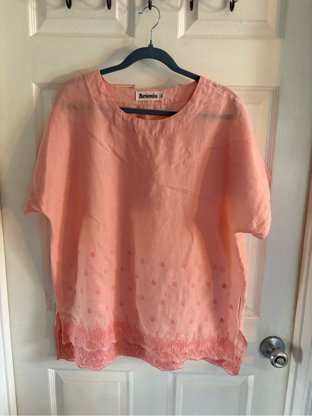 Mordemiss Women's Pink Linen Embroidered XL top Lagenlook Art boho embroidered